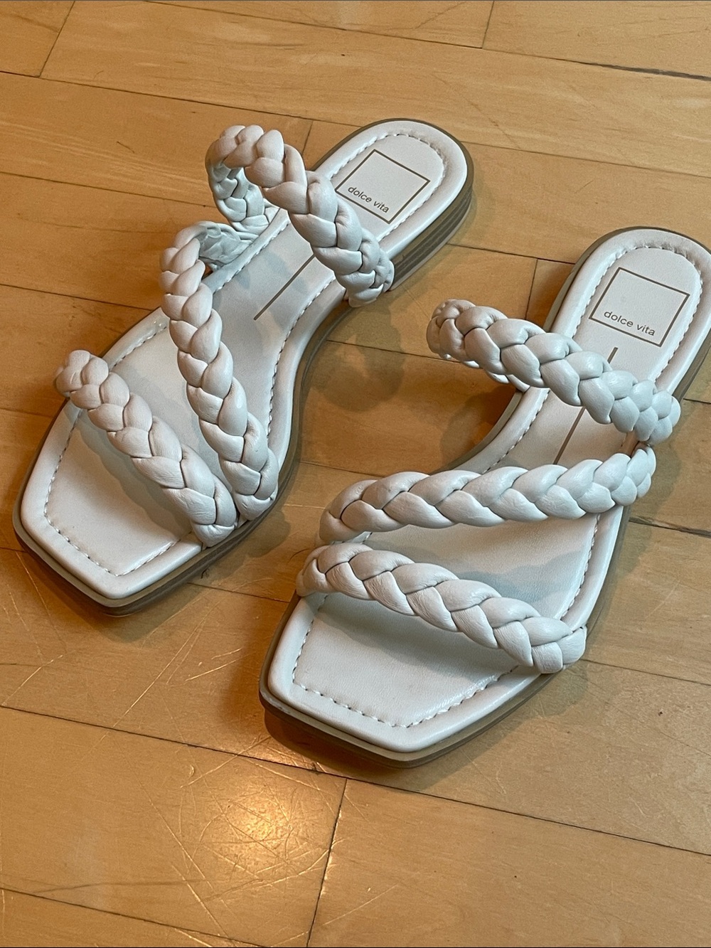 Dolce Vita Soft Leather Cream Braided Triple-Strap Slide Sandals